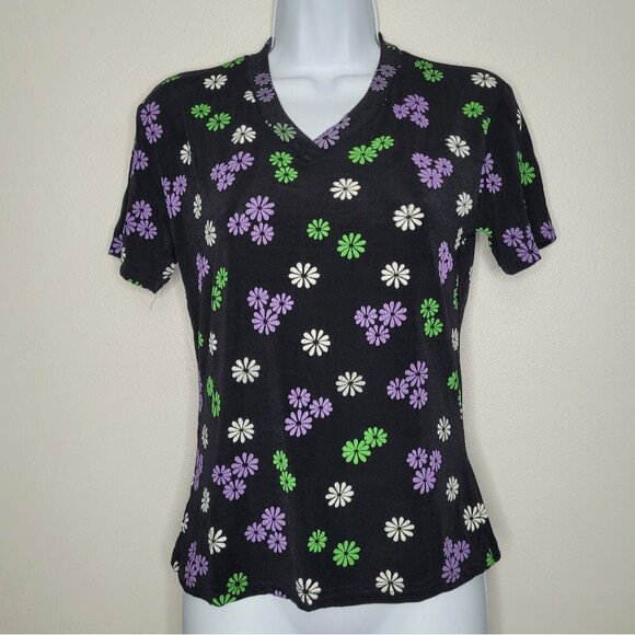 Vintage 90s Pia 70s vibe flower print short sleeve stretch quirky top size med - Picture 1 of 7